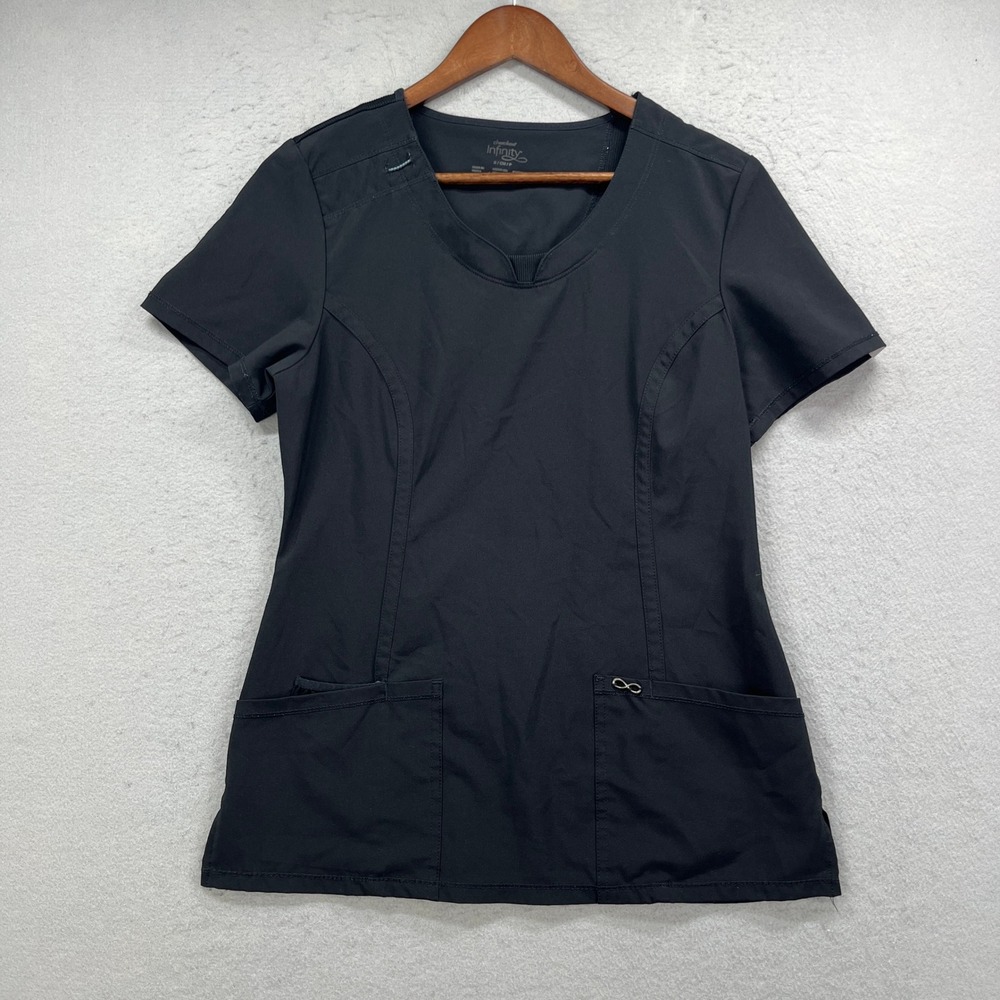Cherokee Scrub Top Womens Small Black Infinity Mock Wrap V-Neck Antimicrobial